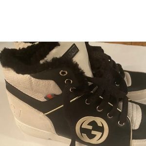 GUCCI  Sneakers Hightop Vintage Black/White Leather/ Shearling Men Size 8